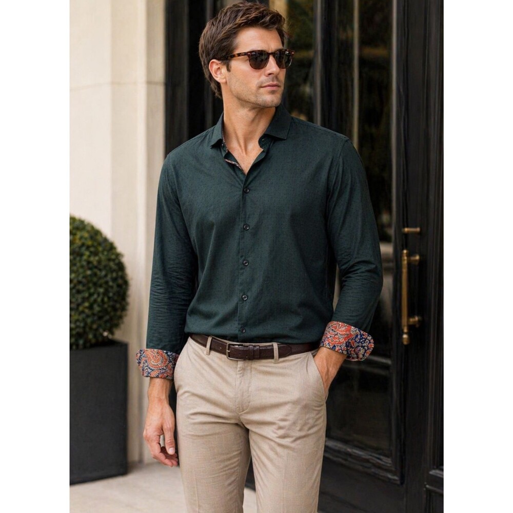 Bogosse Mens XXL Green Button Up Shirt Paisley Flip Cuff Designer